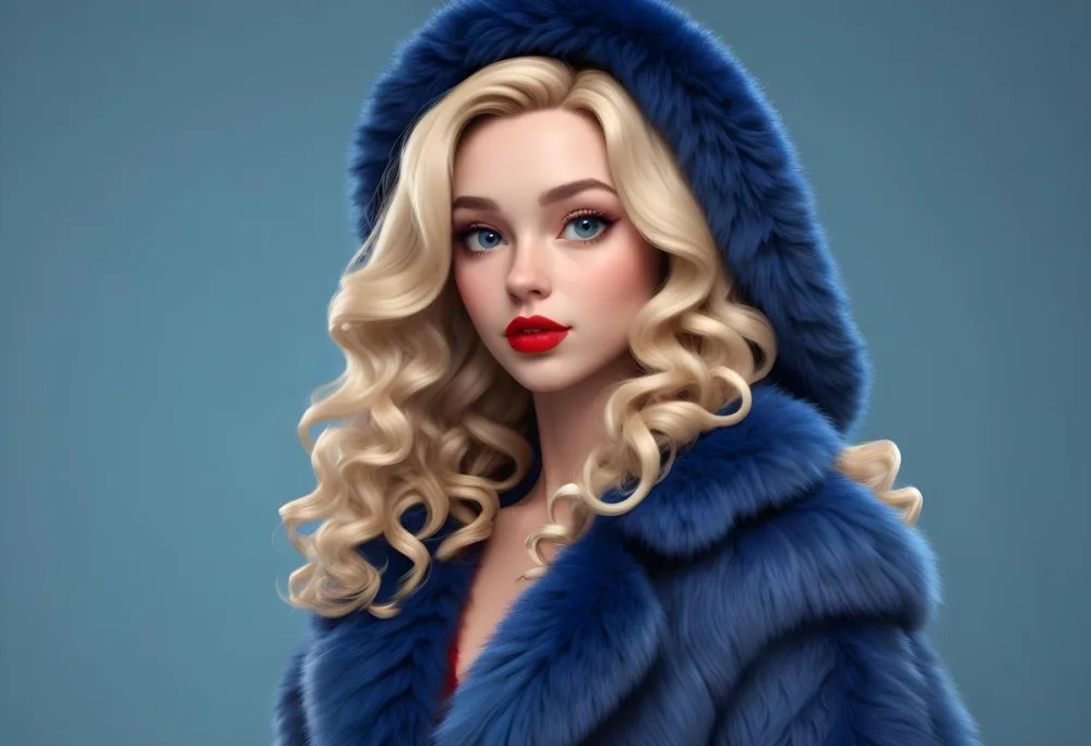 A Young Caucasian Woman With Long Curly Blonde Hair Wearing A Blue Fur Coat Looking Directly At The Camera With Red Lipstick 35 Dfb6
