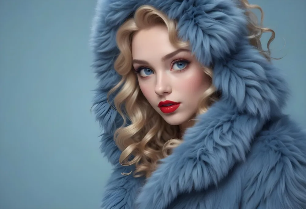 A Young Caucasian Woman With Long Curly Blonde Hair Wearing A Blue Fur Coat Looking Directly At The Camera With Red Lipstick 36 7e0a