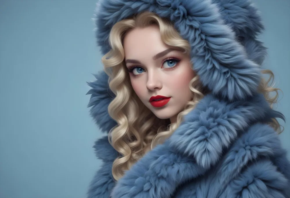 A Young Caucasian Woman With Long Curly Blonde Hair Wearing A Blue Fur Coat Looking Directly At The Camera With Red Lipstick 37 1a83
