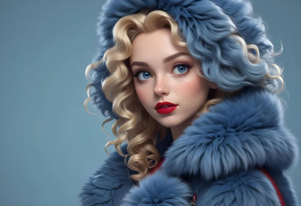 A Young Caucasian Woman With Long Curly Blonde Hair Wearing A Blue Fur Coat Looking Directly At The Camera With Red Lipstick 38 6e8e