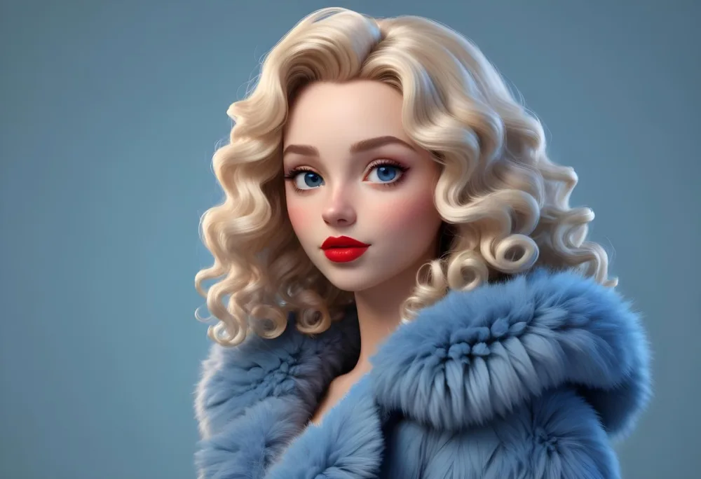A Young Caucasian Woman With Long Curly Blonde Hair Wearing A Blue Fur Coat Looking Directly At The Camera With Red Lipstick 39 2efa