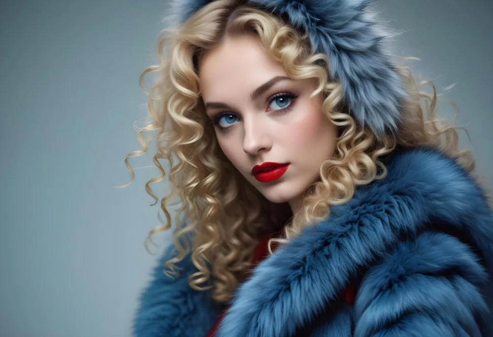 A Young Caucasian Woman With Long Curly Blonde Hair Wearing A Blue Fur Coat Looking Directly At The Camera With Red Lipstick 4 B47b