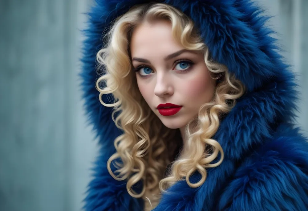 A Young Caucasian Woman With Long Curly Blonde Hair Wearing A Blue Fur Coat Looking Directly At The Camera With Red Lipstick 5 7073