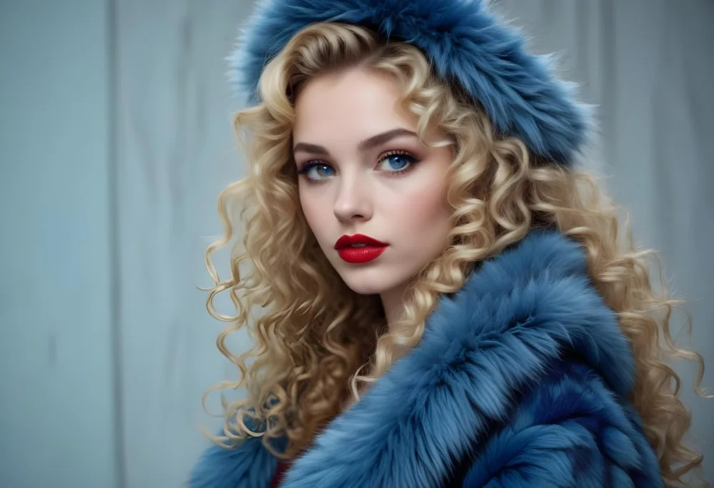 A Young Caucasian Woman With Long Curly Blonde Hair Wearing A Blue Fur Coat Looking Directly At The Camera With Red Lipstick 6 Dd69