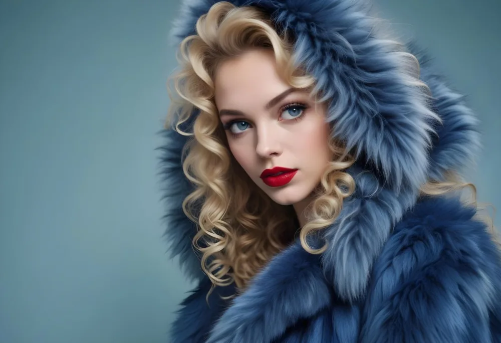 A Young Caucasian Woman With Long Curly Blonde Hair Wearing A Blue Fur Coat Looking Directly At The Camera With Red Lipstick 7 Bebc