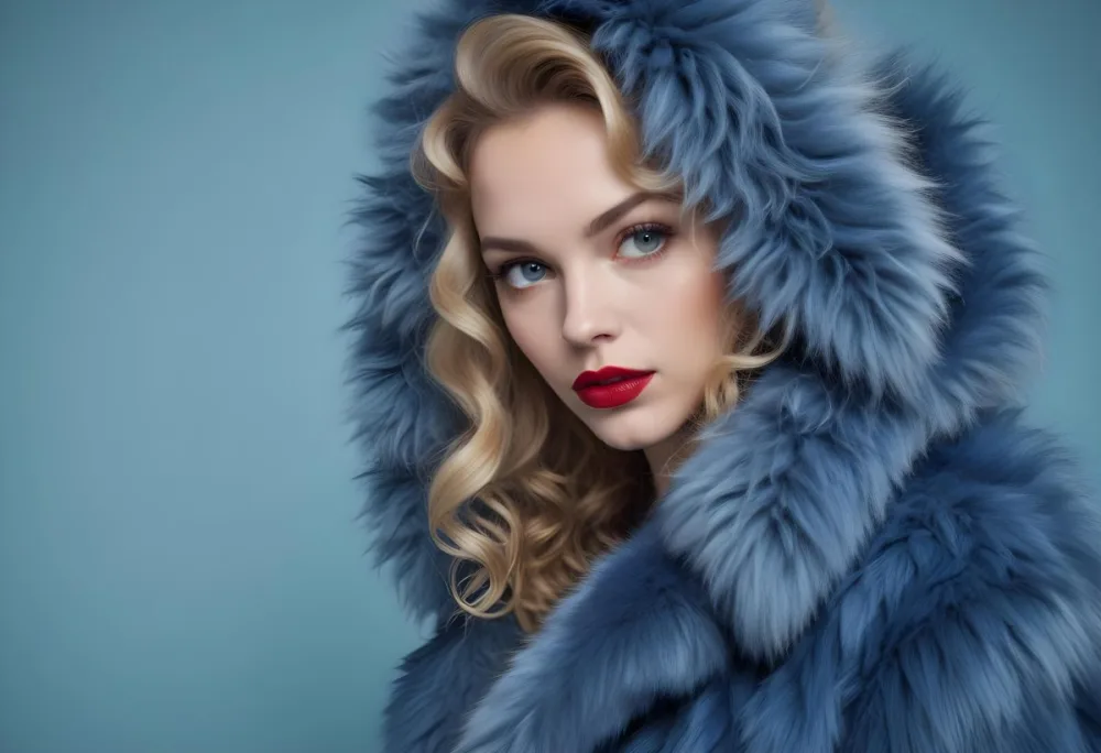 A Young Caucasian Woman With Long Curly Blonde Hair Wearing A Blue Fur Coat Looking Directly At The Camera With Red Lipstick 8 5e06
