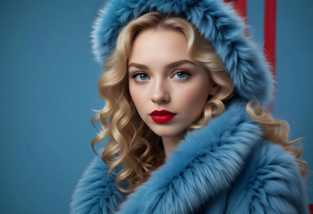 A Young Caucasian Woman With Long Curly Blonde Hair Wearing A Blue Fur Coat Looking Directly At The Camera With Red Lipstick 9 D30b