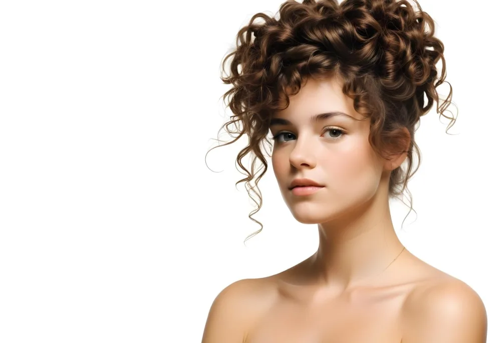 A Young Caucasian Woman With Long Curly Brown Hair Styled In A Simple Braid She Has A Neutral Facial Expression And Appears To Be In Her Mid 20s The Background Is Plain White 31 0962
