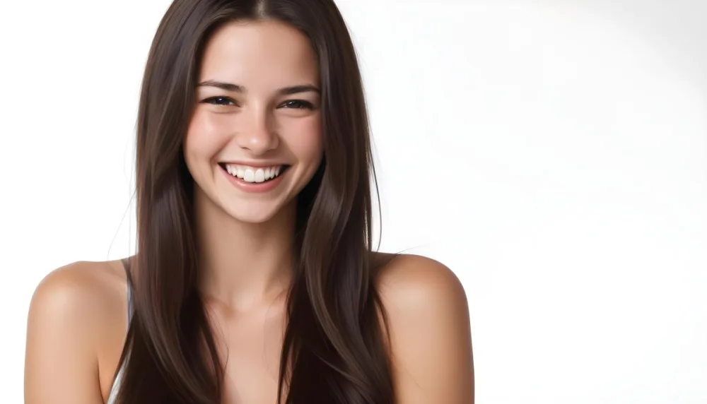 A Young Caucasian Woman With Long Dark Brown Hair Smiling And Laughing 2 2bd3