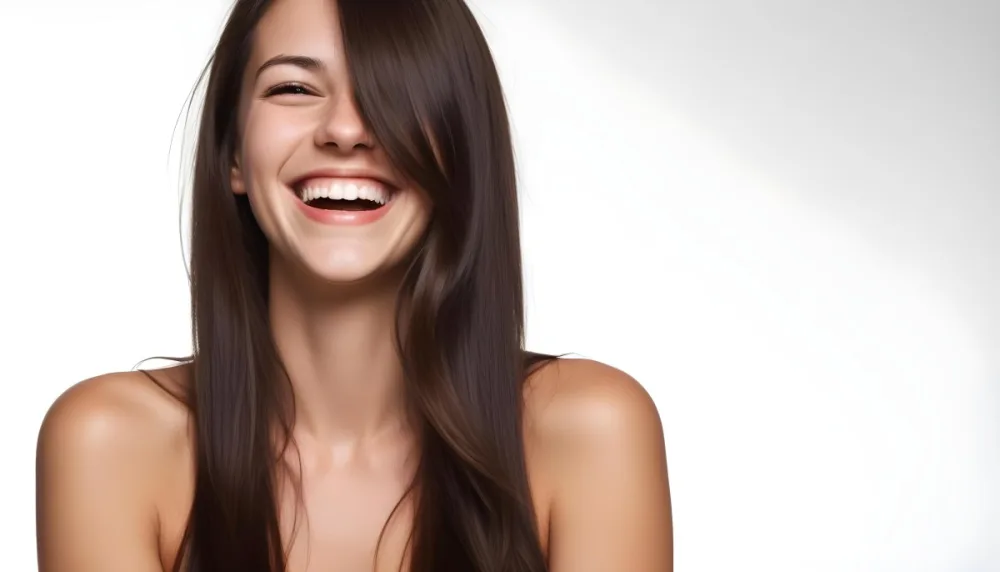 A Young Caucasian Woman With Long Dark Brown Hair Smiling And Laughing 5 85b9