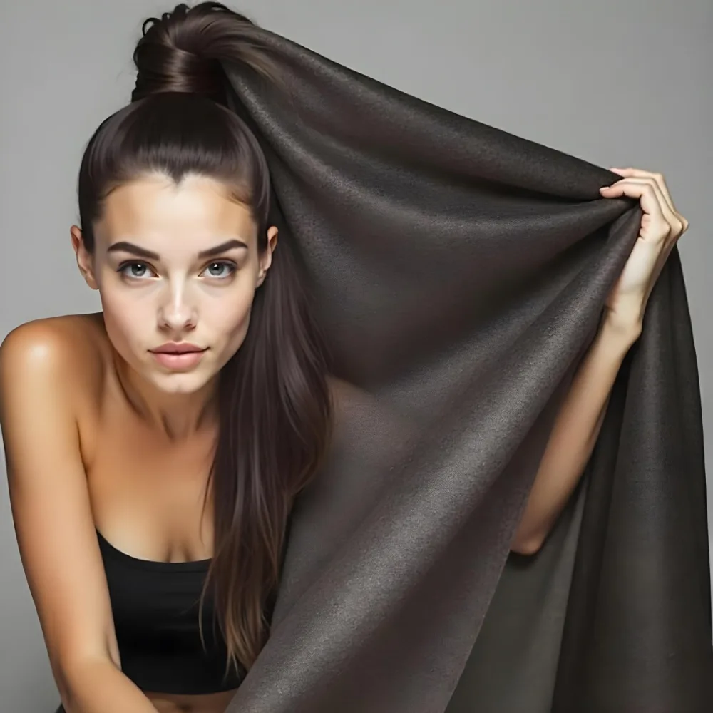 A Young Caucasian Woman With Long Dark Brown Hair Styled In A High Ponytail Holding Her Hair Up And Revealing Its Shiny Smooth Texture 3 4c8e