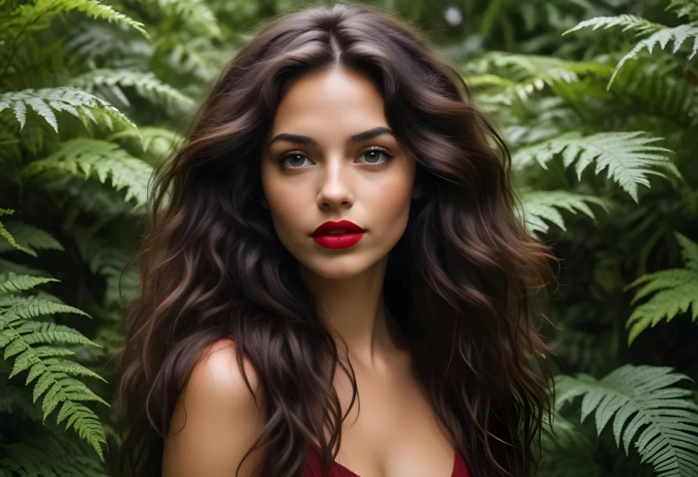 A Young Caucasian Woman With Long Dark Brown Hair Styled In A Messy Windblown Look She Has Dark Skin Full Lips And Is Wearing Bold Red Lipstick The Background Features Lush Green Ferns Creating A Natural 20 Bb4b