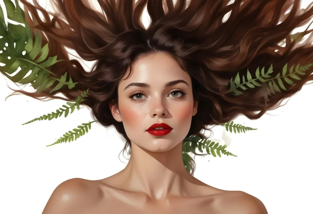A Young Caucasian Woman With Long Dark Brown Hair Styled In A Messy Windblown Look She Has Dark Skin Full Lips And Is Wearing Bold Red Lipstick The Background Features Lush Green Ferns Creating A Natural 35 A244