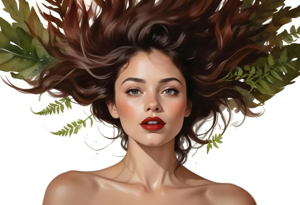 A Young Caucasian Woman With Long Dark Brown Hair Styled In A Messy Windblown Look She Has Dark Skin Full Lips And Is Wearing Bold Red Lipstick The Background Features Lush Green Ferns Creating A Natural 37 312a