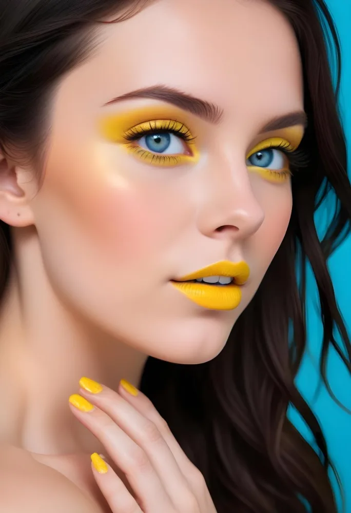 A Young Caucasian Woman With Long Dark Hair And Blue Eyes Wearing Bright Yellow Eyeshadow And Nail Polish Against A Bright Background 1 Fe89