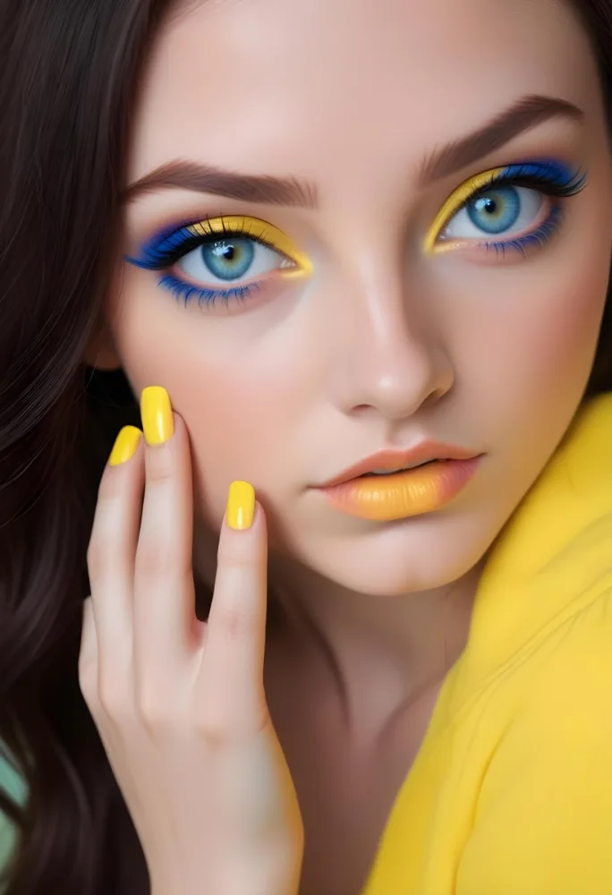 A Young Caucasian Woman With Long Dark Hair And Blue Eyes Wearing Bright Yellow Eyeshadow And Nail Polish Against A Bright Background 12 1e52