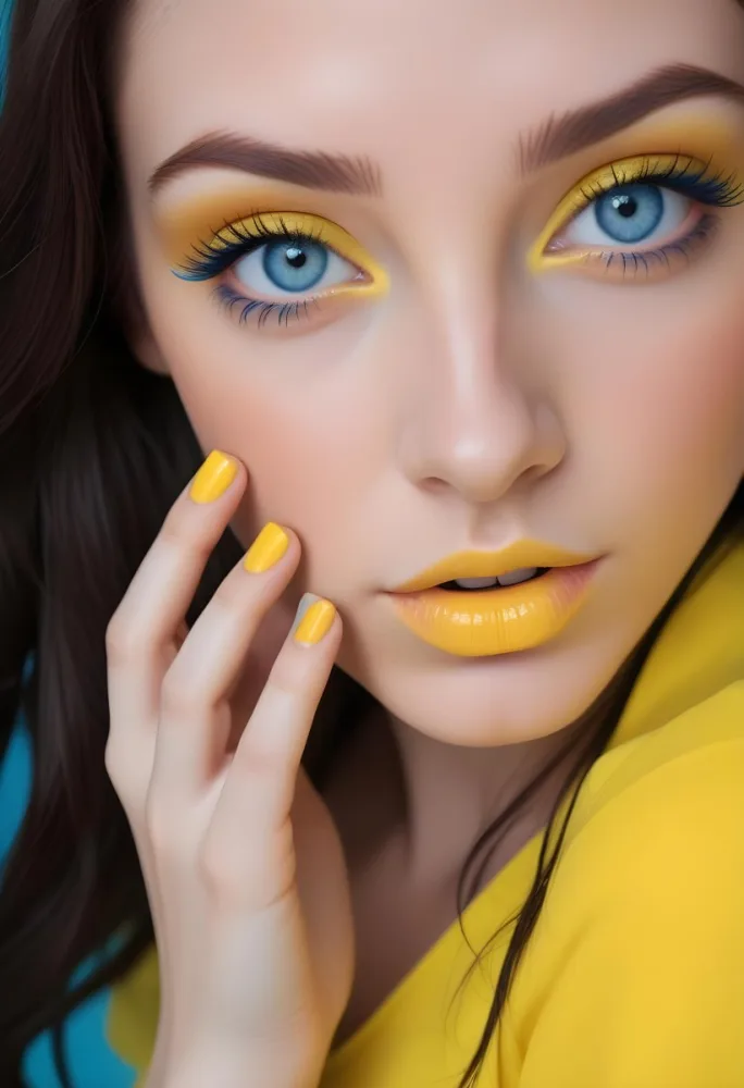 A Young Caucasian Woman With Long Dark Hair And Blue Eyes Wearing Bright Yellow Eyeshadow And Nail Polish Against A Bright Background 3 942d