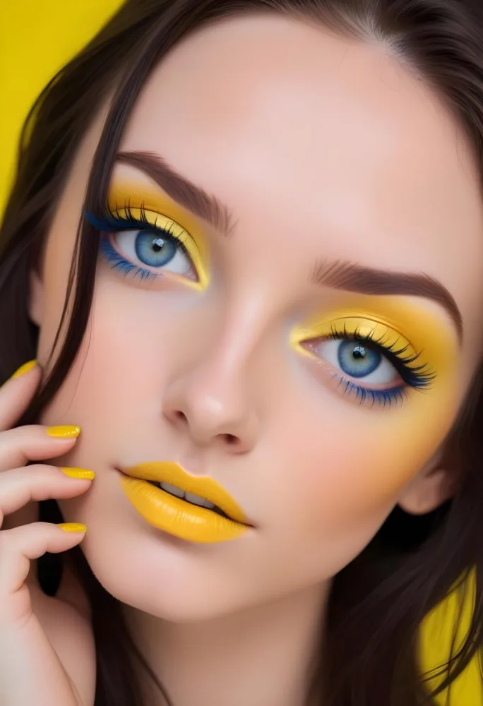 A Young Caucasian Woman With Long Dark Hair And Blue Eyes Wearing Bright Yellow Eyeshadow And Nail Polish Against A Bright Background 5 12a1