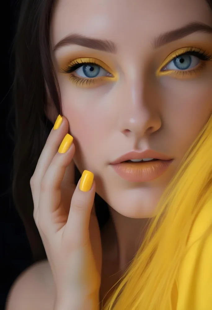 A Young Caucasian Woman With Long Dark Hair And Blue Eyes Wearing Bright Yellow Eyeshadow And Nail Polish Against A Bright Background 7 48de