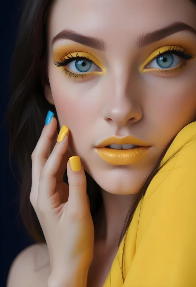 A Young Caucasian Woman With Long Dark Hair And Blue Eyes Wearing Bright Yellow Eyeshadow And Nail Polish Against A Bright Background 8 5c4b