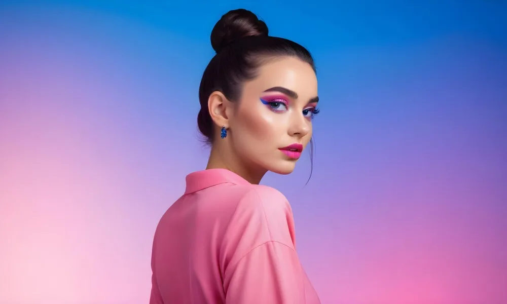 A Young Caucasian Woman With Long Dark Hair Styled In A Bun Wearing Vibrant Pink And Blue Makeup Posing Against A Colorful Gradient Background 28 Ad07