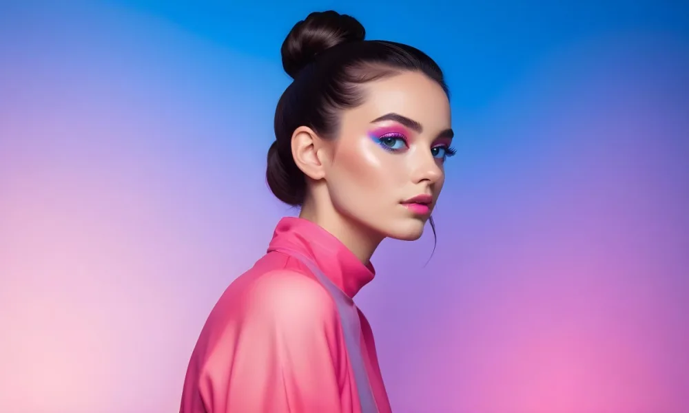 A Young Caucasian Woman With Long Dark Hair Styled In A Bun Wearing Vibrant Pink And Blue Makeup Posing Against A Colorful Gradient Background 32 14d4