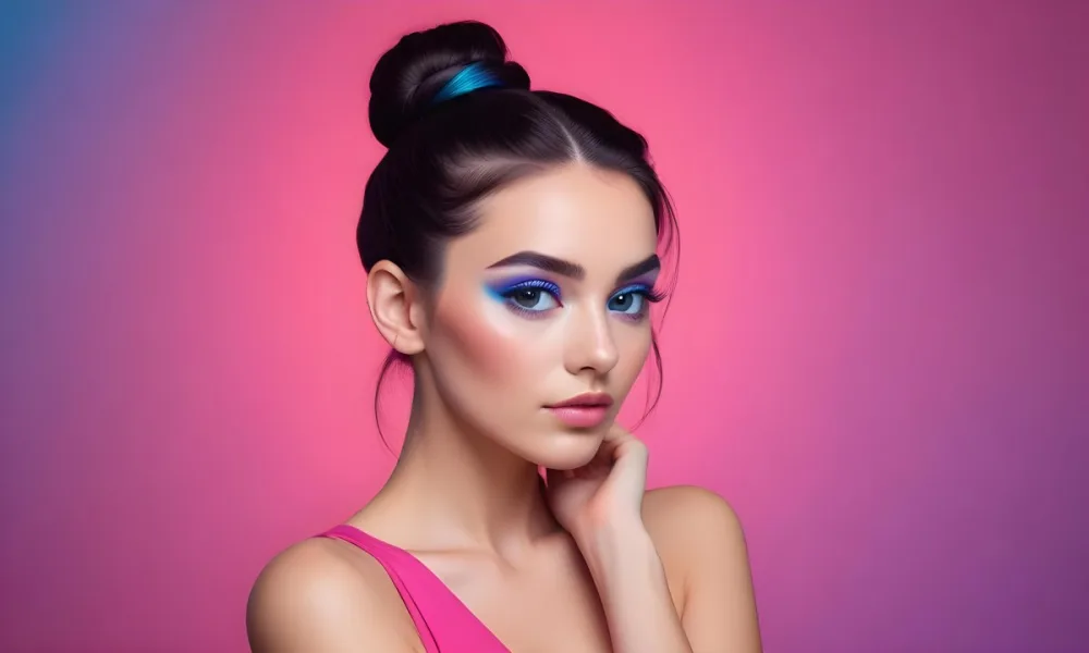 A Young Caucasian Woman With Long Dark Hair Styled In A Bun Wearing Vibrant Pink And Blue Makeup Posing Against A Colorful Gradient Background 35 5d72