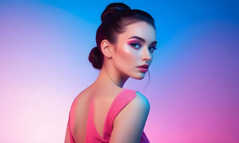 A Young Caucasian Woman With Long Dark Hair Styled In A Bun Wearing Vibrant Pink And Blue Makeup Posing Against A Colorful Gradient Background 37 C40a