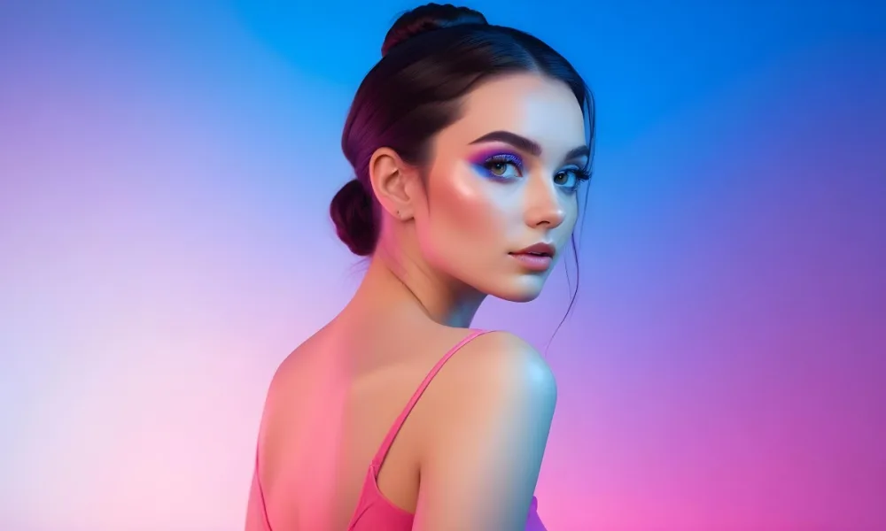 A Young Caucasian Woman With Long Dark Hair Styled In A Bun Wearing Vibrant Pink And Blue Makeup Posing Against A Colorful Gradient Background 43 9b74