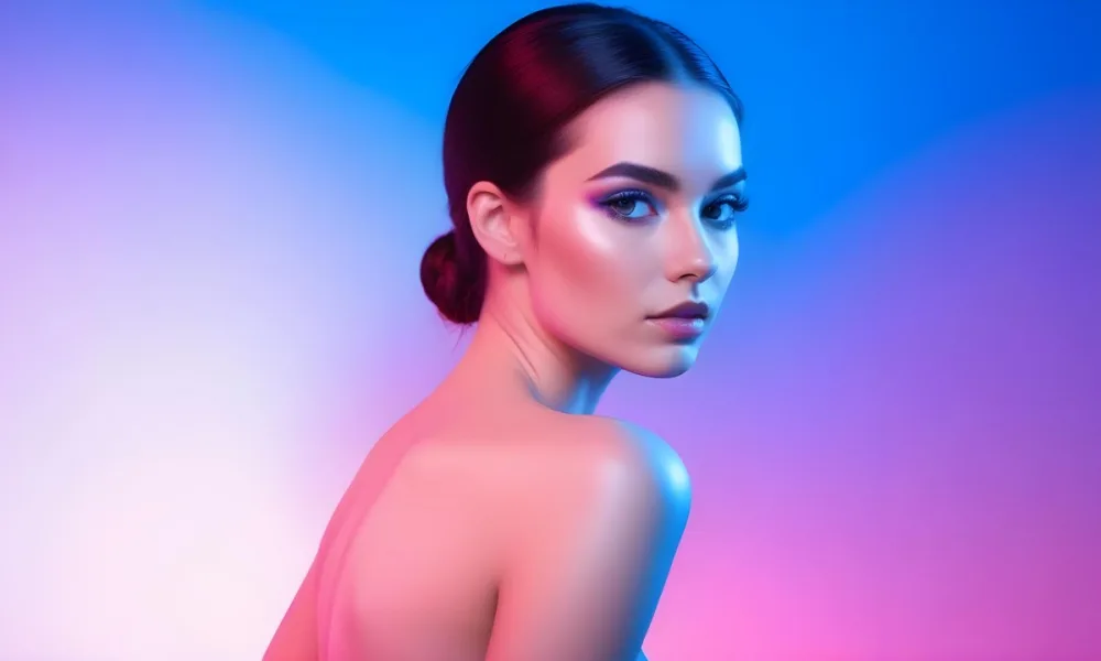 A Young Caucasian Woman With Long Dark Hair Styled In A Bun Wearing Vibrant Pink And Blue Makeup Posing Against A Colorful Gradient Background 47 946e