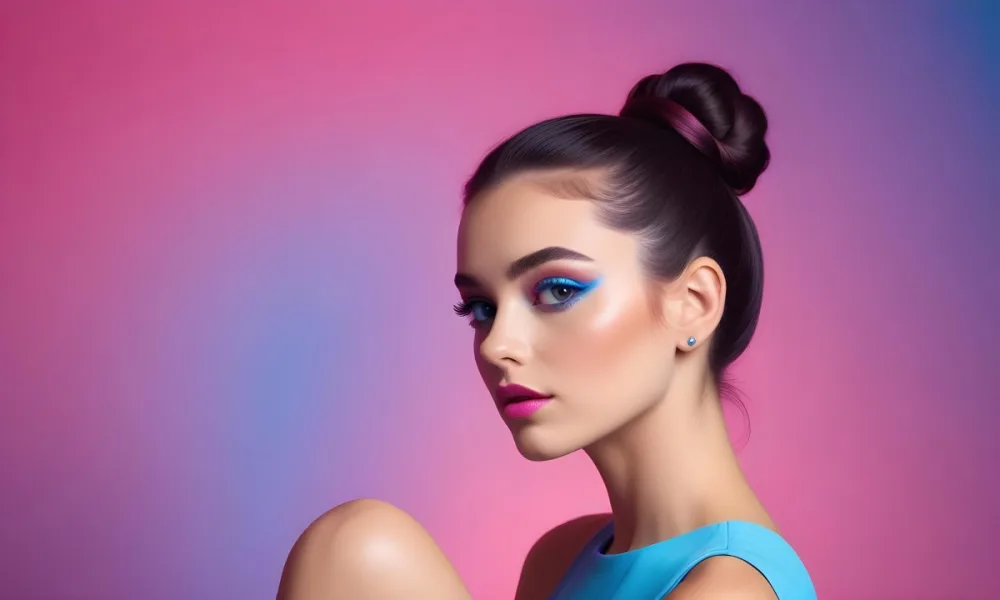 A Young Caucasian Woman With Long Dark Hair Styled In A Bun Wearing Vibrant Pink And Blue Makeup Posing Against A Colorful Gradient Background 7 3eeb