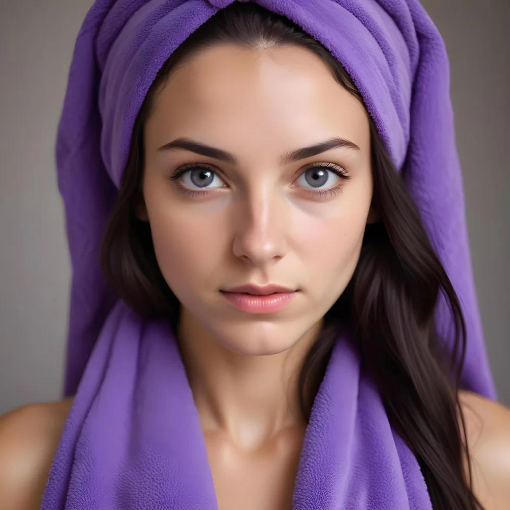 A Young Caucasian Woman With Long Dark Hair Wearing A Purple Towel On Her Head Looking Directly At The Camera With A Neutral Expression 3 Ff04