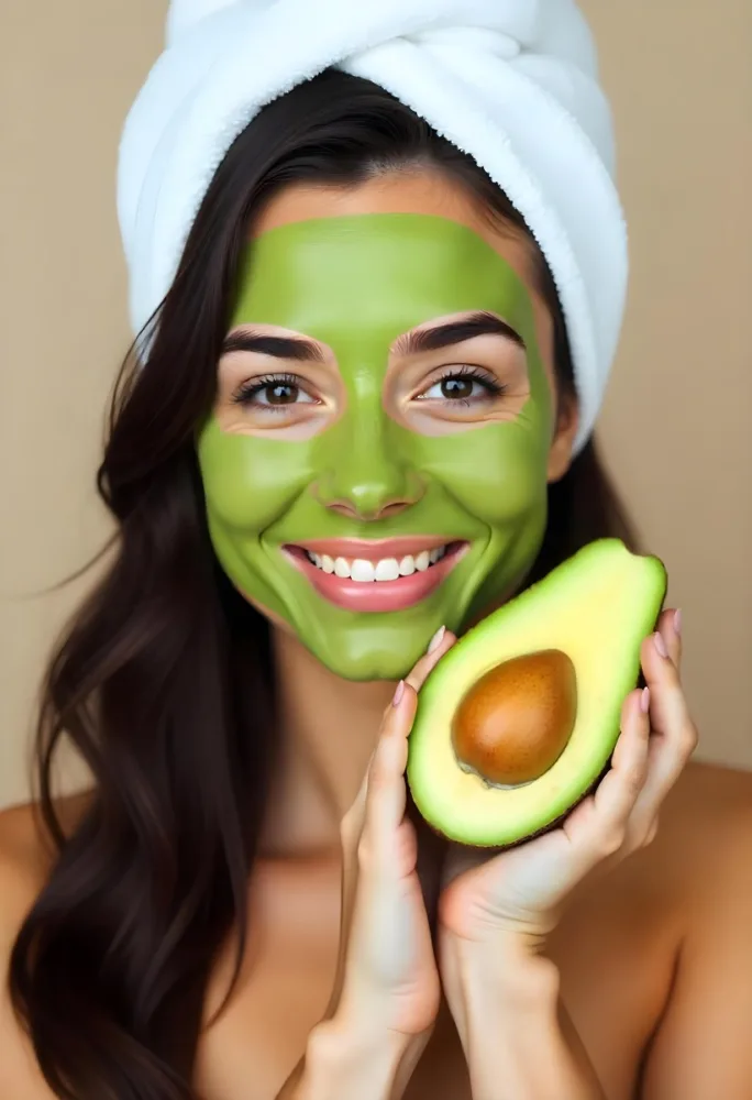 A Young Caucasian Woman With Long Dark Hair Wearing A White Towel And A Green Facial Mask Holding A Half Cut Avocado In Front Of Her Face 2 F905