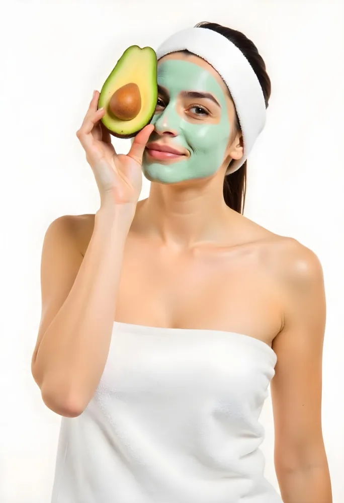 A Young Caucasian Woman With Long Dark Hair Wearing A White Towel And A Green Facial Mask Holding A Half Cut Avocado In Front Of Her Face 5 19d6