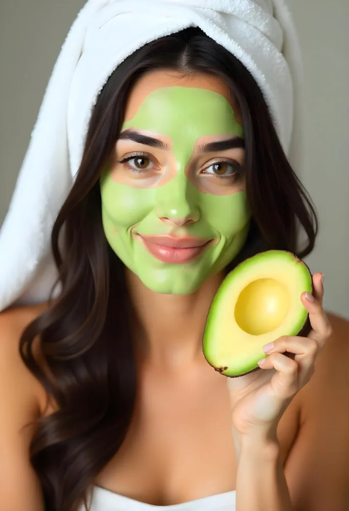 A Young Caucasian Woman With Long Dark Hair Wearing A White Towel And A Green Facial Mask Holding A Half Cut Avocado In Front Of Her Face 8 C964