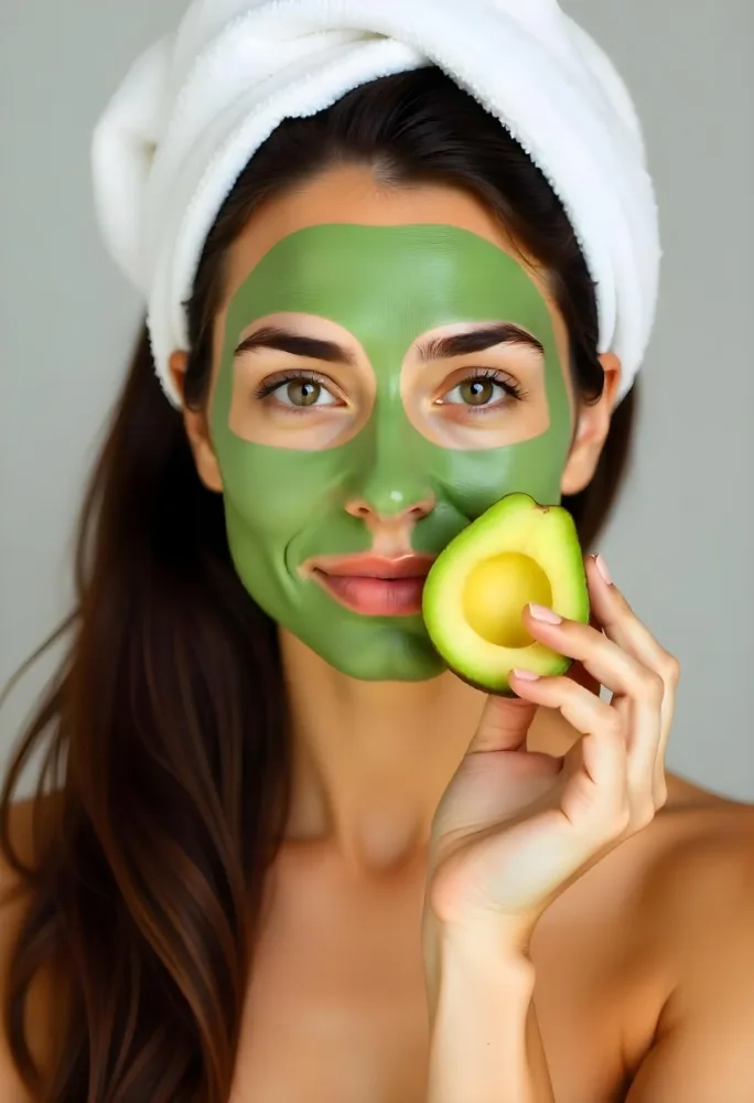 A Young Caucasian Woman With Long Dark Hair Wearing A White Towel And A Green Facial Mask Holding A Half Cut Avocado In Front Of Her Face 9 C8ee