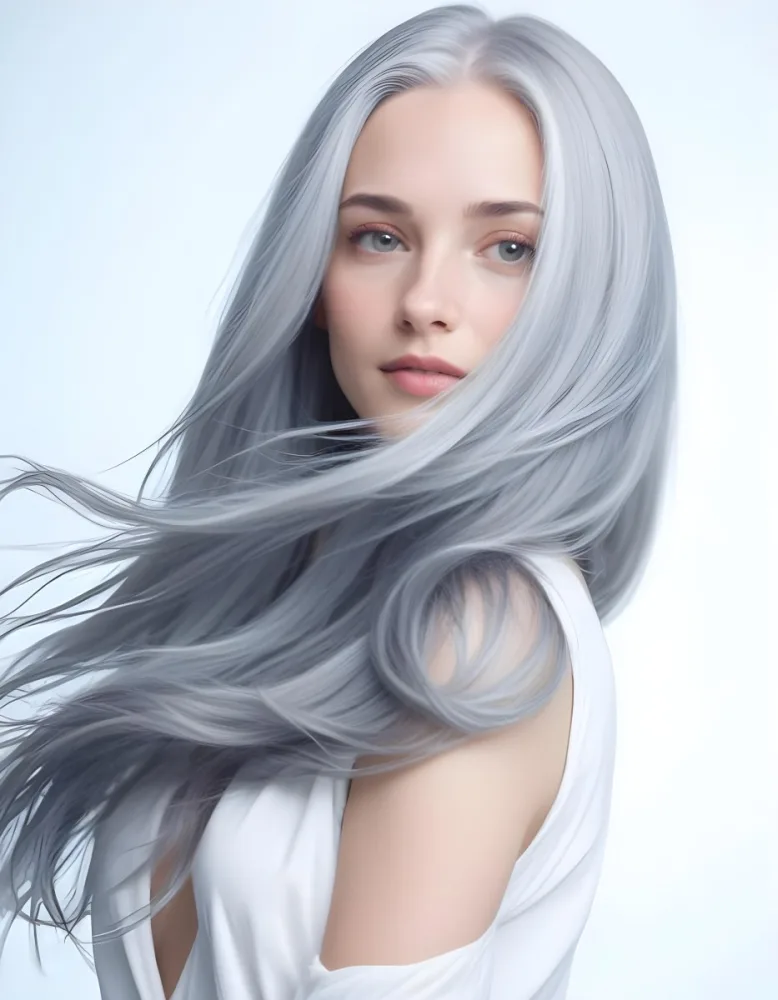A Young Caucasian Woman With Long Flowing Silver Gray Hair Against A Light Blue Background 12 E683