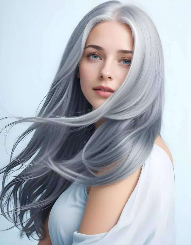 A Young Caucasian Woman With Long Flowing Silver Gray Hair Against A Light Blue Background 15 922f