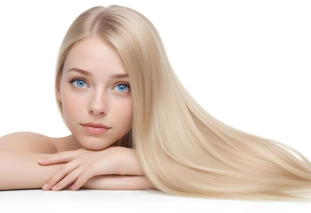 A Young Caucasian Woman With Long Straight Blonde Hair Blue Eyes And Fair Skin She Is Resting Her Chin On Her Hands Looking Slightly To The Side With A Neutral Expression The Background Is Plain White 2 3104