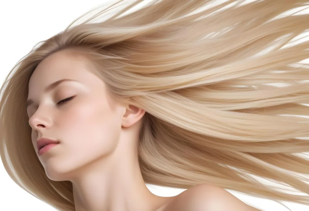 A Young Caucasian Woman With Long Straight Blonde Hair Cascading Down She Has Fair Skin And Is Shown In Profile With Her Eyes Closed And A Serene Expression The Background Is Plain White Emphasizing Her Hair And Fac 30 014a