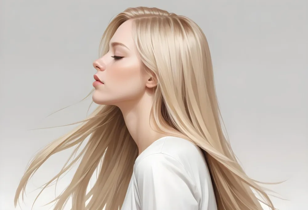 A Young Caucasian Woman With Long Straight Blonde Hair Cascading Down She Has Fair Skin And Is Shown In Profile With Her Eyes Closed And A Serene Expression The Background Is Plain White Emphasizing Her Hair And Fac 49 0540