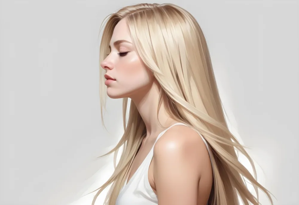 A Young Caucasian Woman With Long Straight Blonde Hair Cascading Down She Has Fair Skin And Is Shown In Profile With Her Eyes Closed And A Serene Expression The Background Is Plain White Emphasizing Her Hair And Fac 54 6cce