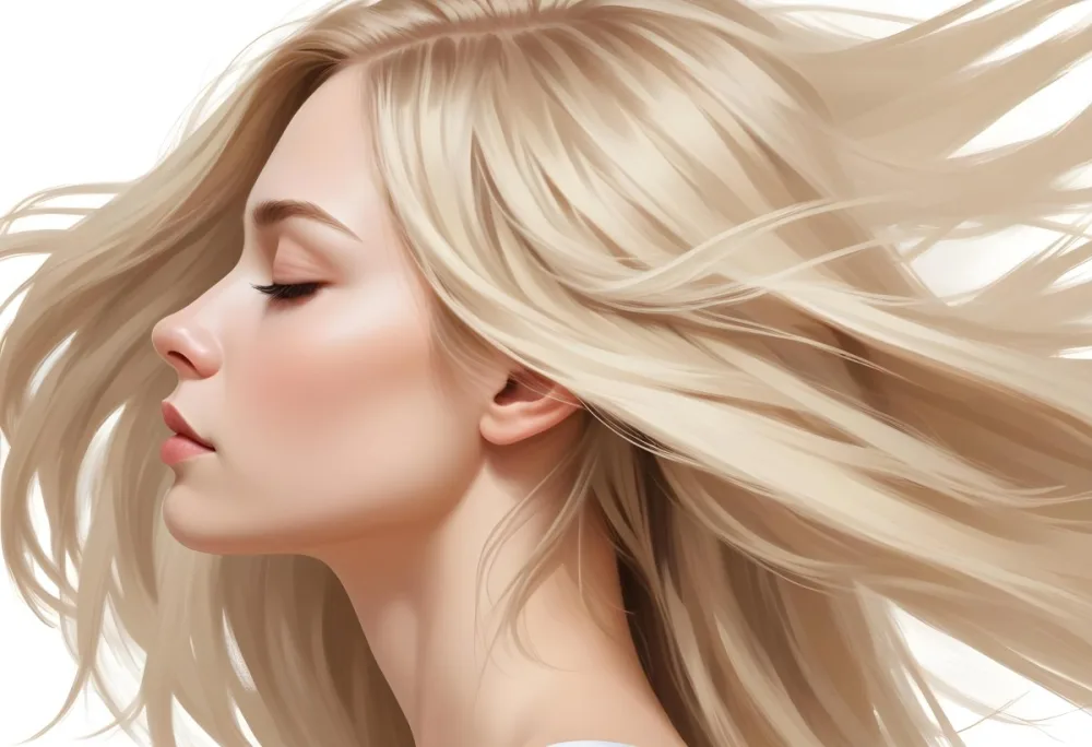 A Young Caucasian Woman With Long Straight Blonde Hair Cascading Down She Has Fair Skin And Is Shown In Profile With Her Eyes Closed And A Serene Expression The Background Is Plain White Emphasizing Her Hair And Fac 66 B678