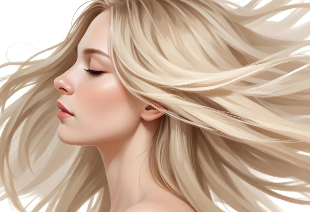 A Young Caucasian Woman With Long Straight Blonde Hair Cascading Down She Has Fair Skin And Is Shown In Profile With Her Eyes Closed And A Serene Expression The Background Is Plain White Emphasizing Her Hair And Fac 67 1691