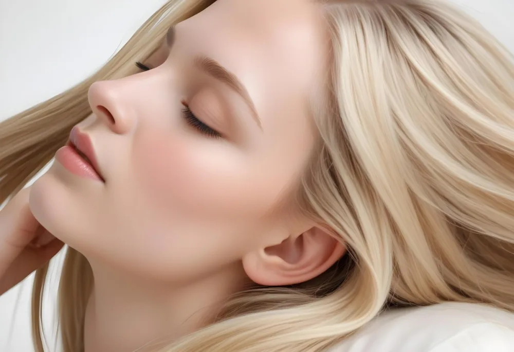 A Young Caucasian Woman With Long Straight Blonde Hair Cascading Down She Has Fair Skin And Is Shown In Profile With Her Eyes Closed And A Serene Expression The Background Is Plain White Emphasizing Her Hair And Fac 72 C3a7