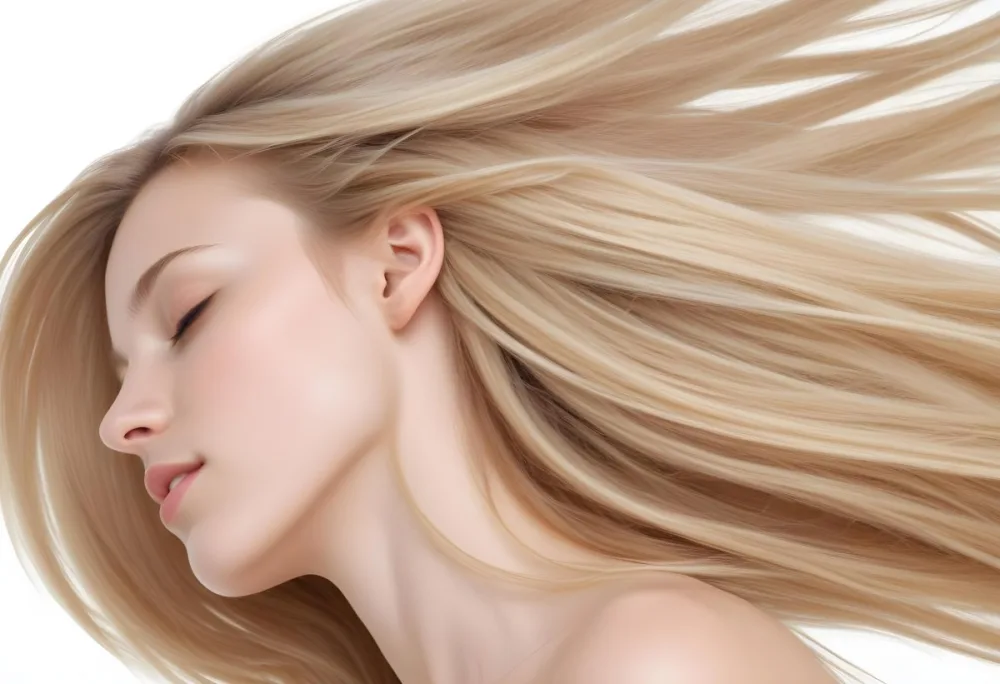 A Young Caucasian Woman With Long Straight Blonde Hair Cascading Down She Has Fair Skin And Is Shown In Profile With Her Eyes Closed And A Serene Expression The Background Is Plain White Emphasizing Her Hair And Fac 91 8d58