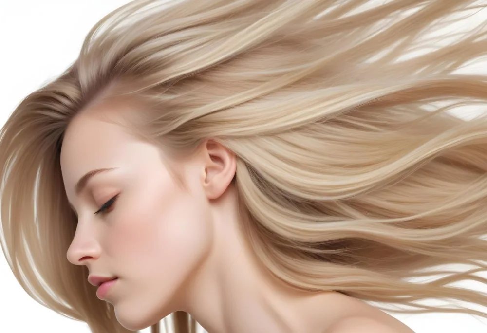 A Young Caucasian Woman With Long Straight Blonde Hair Cascading Down She Has Fair Skin And Is Shown In Profile With Her Eyes Closed And A Serene Expression The Background Is Plain White Emphasizing Her Hair And Fac 93 D880