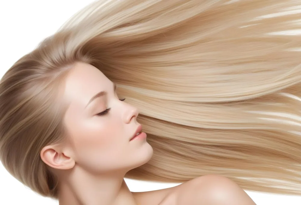 A Young Caucasian Woman With Long Straight Blonde Hair Cascading Down She Has Fair Skin And Is Shown In Profile With Her Eyes Closed And A Serene Expression The Background Is Plain White Emphasizing Her Hair And Fac 94 Ef91