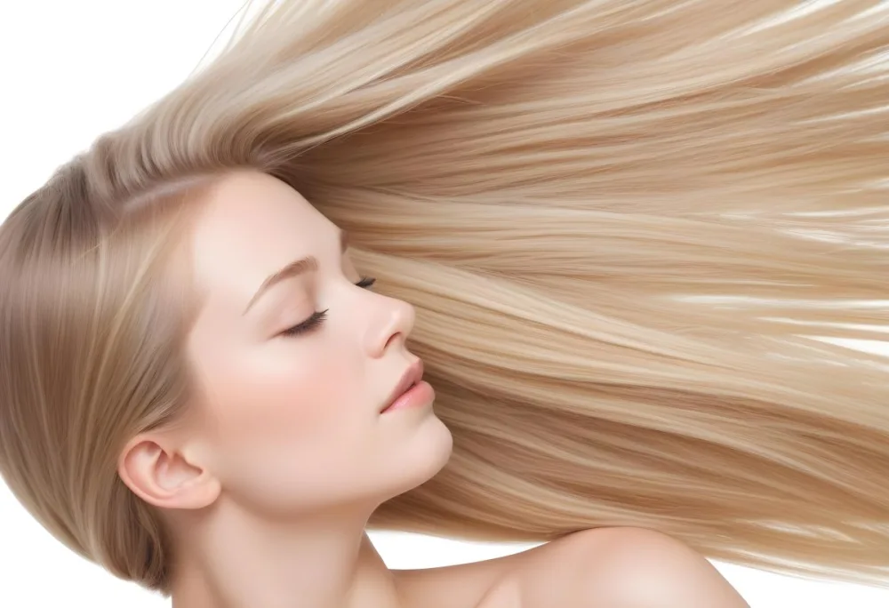 A Young Caucasian Woman With Long Straight Blonde Hair Cascading Down She Has Fair Skin And Is Shown In Profile With Her Eyes Closed And A Serene Expression The Background Is Plain White Emphasizing Her Hair And Fac 95 A5c7