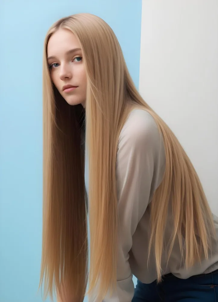 A Young Caucasian Woman With Long Straight Blonde Hair Covering Her Face Against A Light Blue Background 3 5834